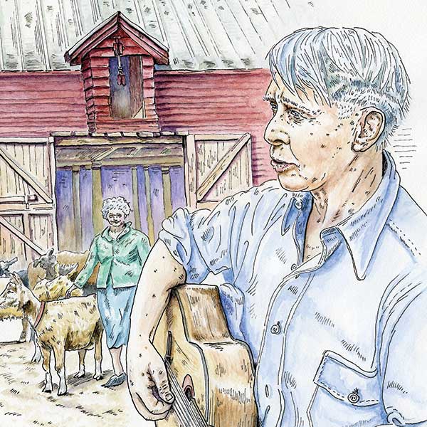 an illustration of Carl Sandburg playing a guitar