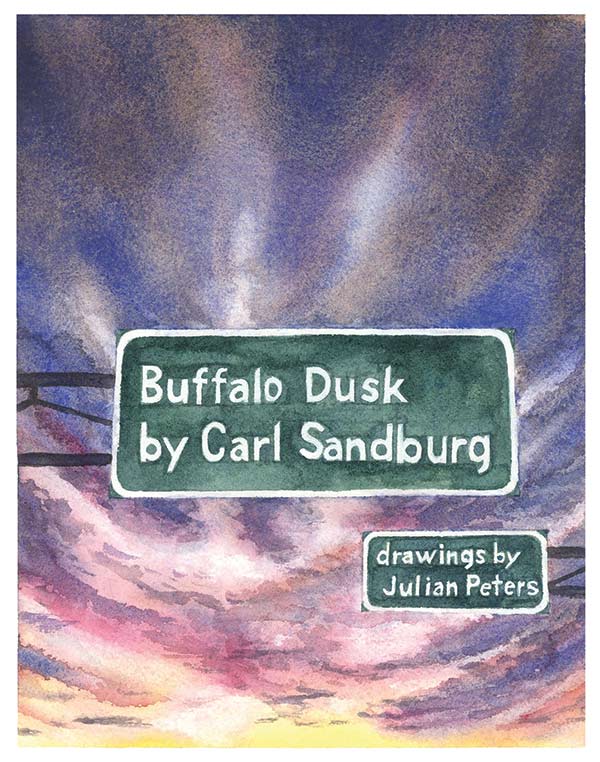 an illustration of highway signs against a sunset sky