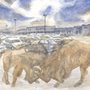 a watercolor painting of two buffalo fighting in a parking lot