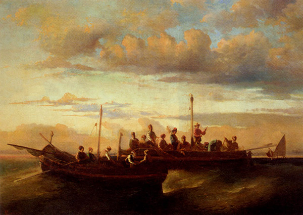 Italienische Fischerboote in der Dämmerung von Adolphe-Joseph-Thomas Monticelli