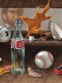Detail from Painting of Curios: Beer can, dice, shell, harmonica, brown leaf