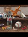 Detail from Painting of Curios: Beer can, dice, shell, harmonica, brown leaf