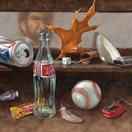 Detail from Painting of Curios: Beer can, dice, shell, harmonica, brown leaf