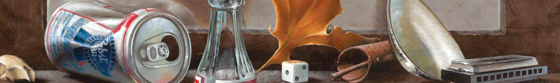 Painting of Curios: Beer can, dice, shell, harmonica, brown leaf