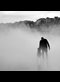 a father and daughter walking in a mist covered street