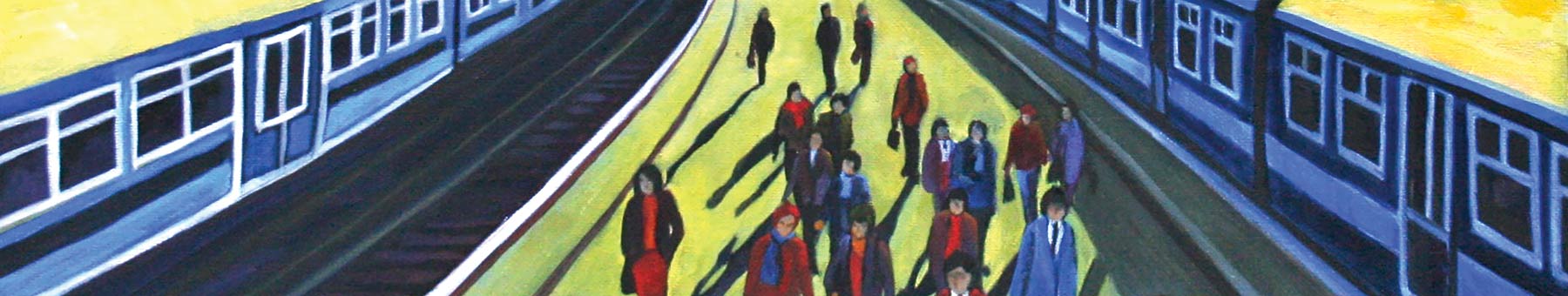 painting of passengers getting off of trains at a train station