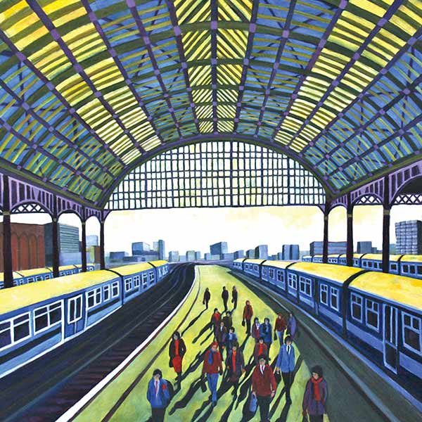 a painting of a train station on the London Underground