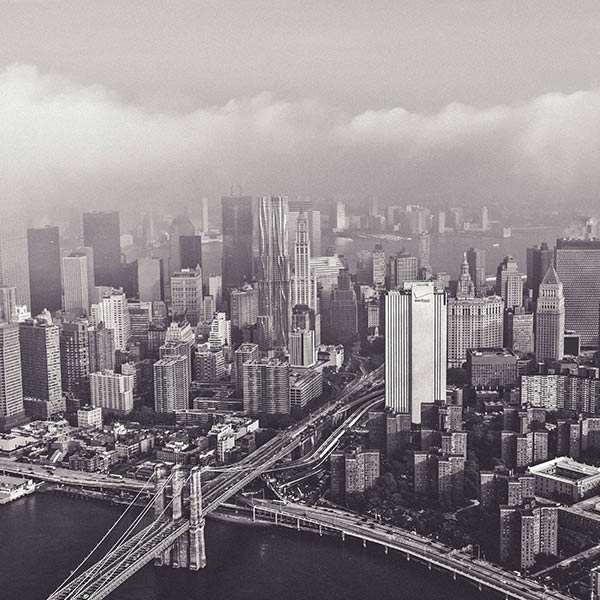 black and white aerial view of a city