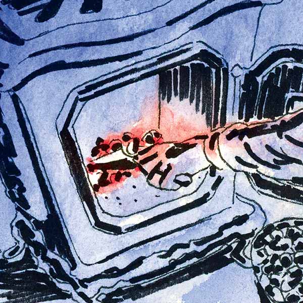 watercolor painting of a man lighting a stove
