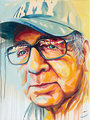 Ben: painting of and older man wearing glasses and an Army baseball cap