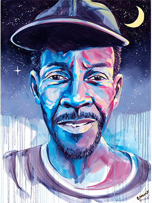 Crescent: painting of an African American man wearing a baseball cap with a crescent moon in the background