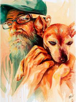 James and Charley: painting of an older man with a small dog