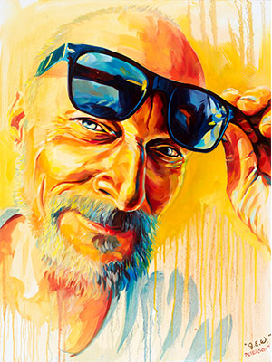 John: painting with a yellow background of an older man with sunglasses