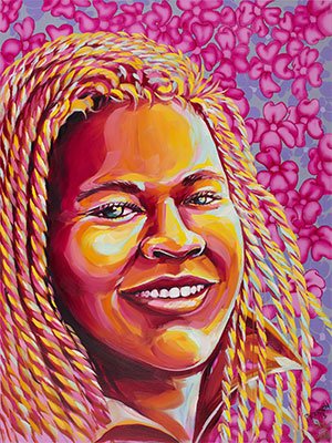 Ruby: painting of an African American women with a pink flowered background