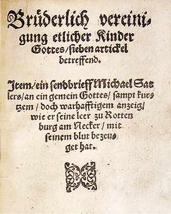 Carátula de la <em>Confesión de Schleitheim</em>, una temprana declaración de fe anabautista de 1527