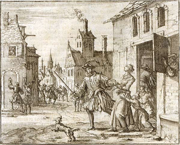 Grabado de Jan Luiken que muestra el arresto de los anabautistas en 1637, en Zúrich, Suiza.