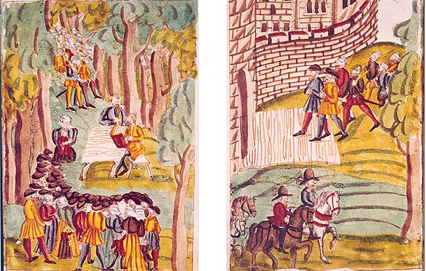 Pinturas del siglo XVI que muestran una reunión anabautista ilegal seguida por el arresto de dos predicadores anabautistas.