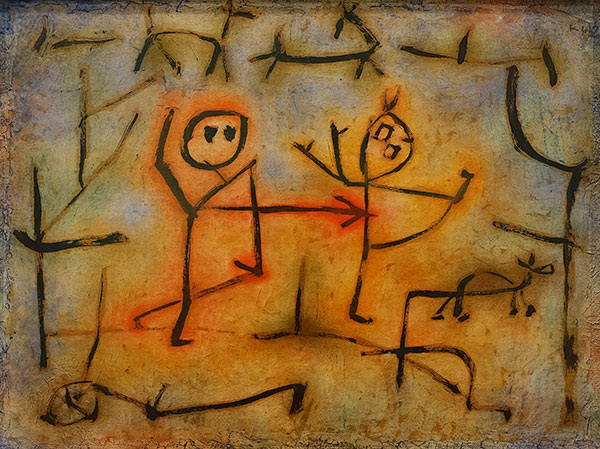 painting of a stick man attacking another stick man