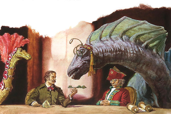 two men talking with a dinosaur