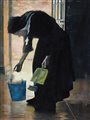 an elderly nun with a blue cleaning pail