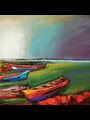 a painting of docked boats on a river