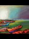 a painting of docked boats on a river