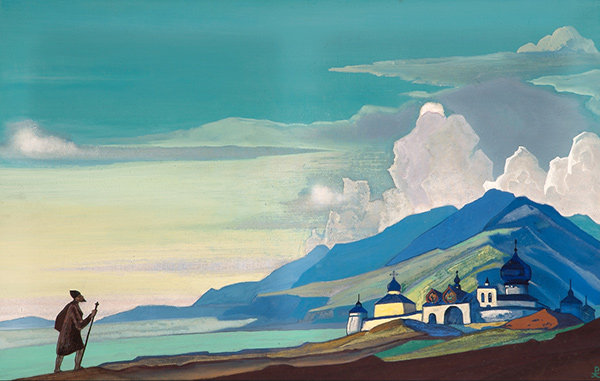 painting of a solitary pilgrim walking up a mountain