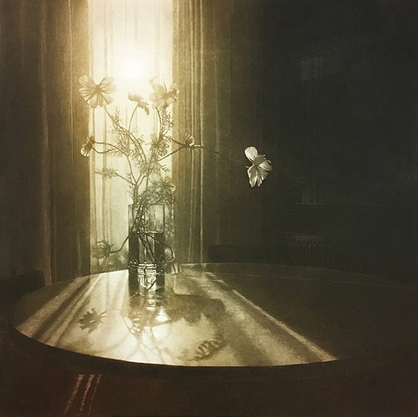 illustration of light coming through a window and shining on a bouquet of flowers