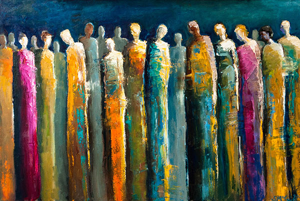 a painting of a crowd of people titled Social Networking