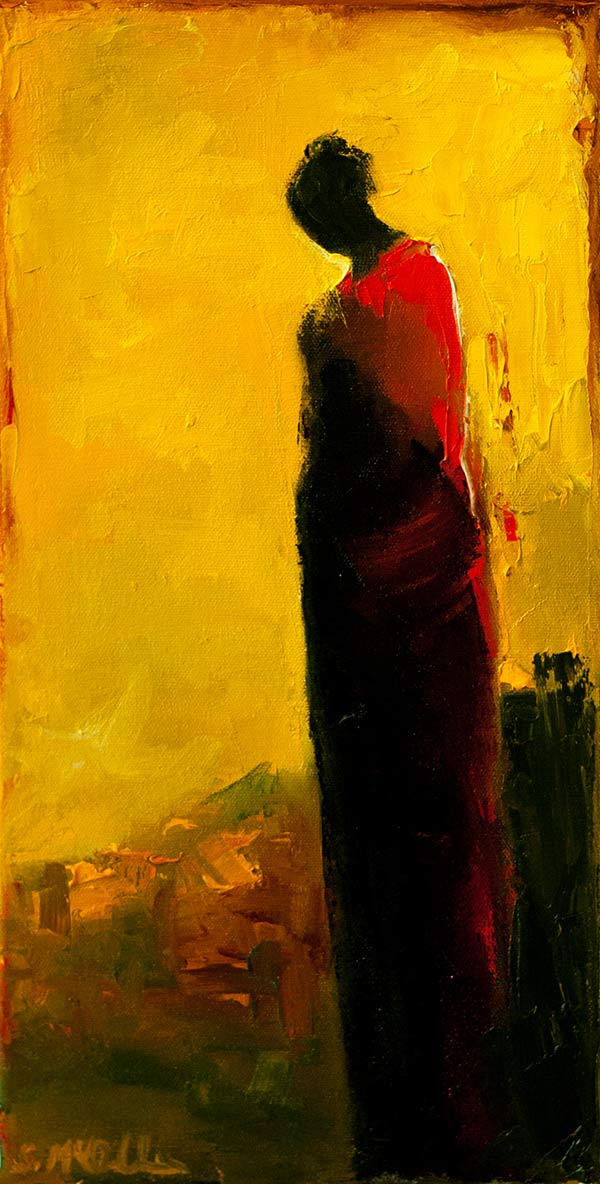 a painting of a woman's silhouette against a golden background