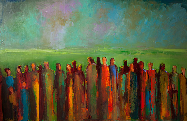 a painting of a crowd of people titled Never Alone