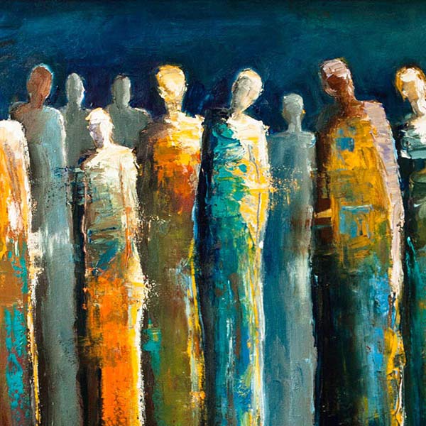 a painting of a crowd of people titled Social Networking