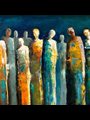 a painting of a crowd of people titled Social Networking