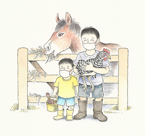 illustrations of two boys with a horse and a chicken
