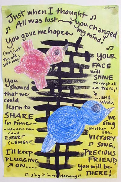 poster illustrated with two birds and the words to a Pete Seeger song