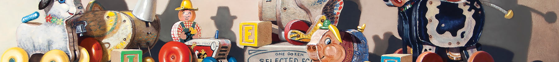 Detail of painting of wooden toy farm animals by Richard Hall, titled EIEIO