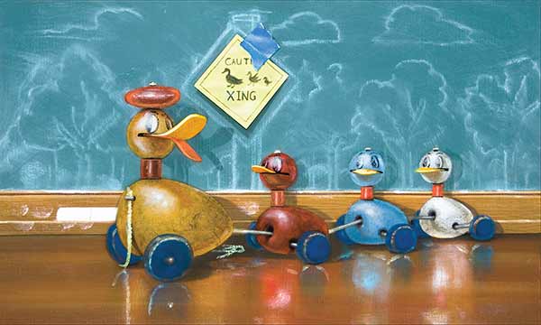 Painting of wooden pull toy ducks by Richard Hall, titled Duck Crossing