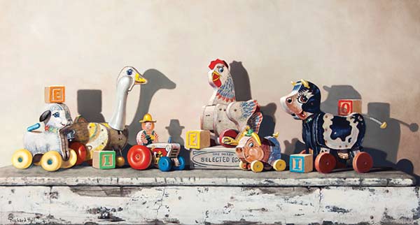 Detail of painting of wooden toy farm animals by Richard Hall, titled EIEIO