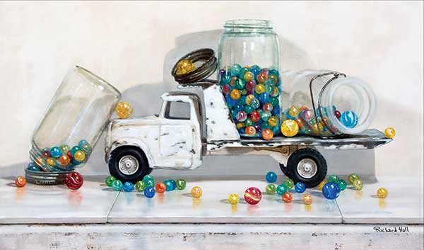 painting of a toy truck full of marbles by Richard Hall, titled Lost My Marbles