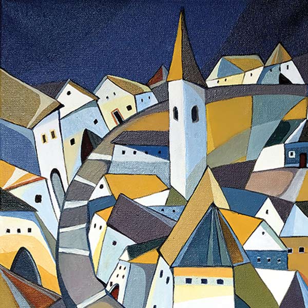 colorful painting of a village