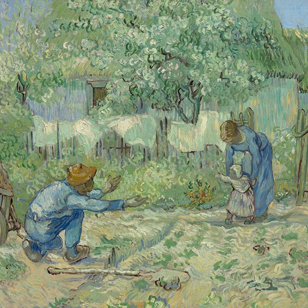 A painting of a mother helping her child learn how to walk