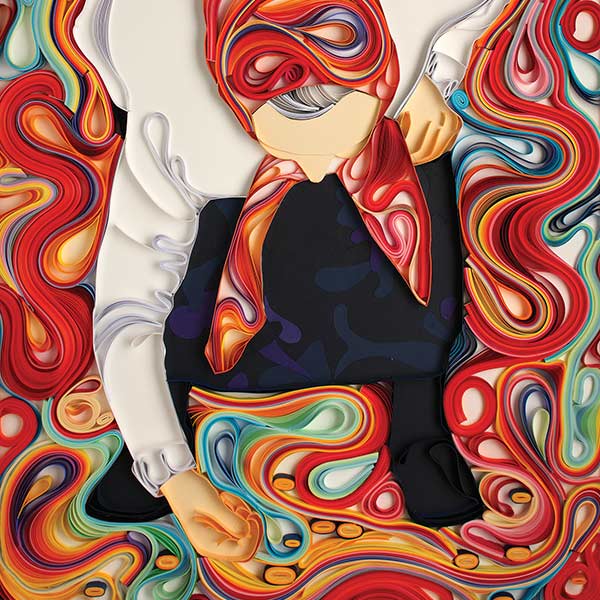 illustration of an old woman picking up something from the ground