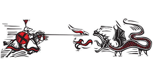 dibujo de un caballero atacando un dragon