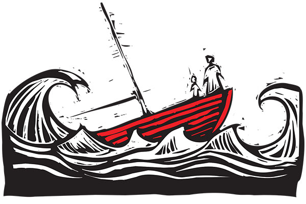 dibujo de un barco sobre un mar en una tormenta