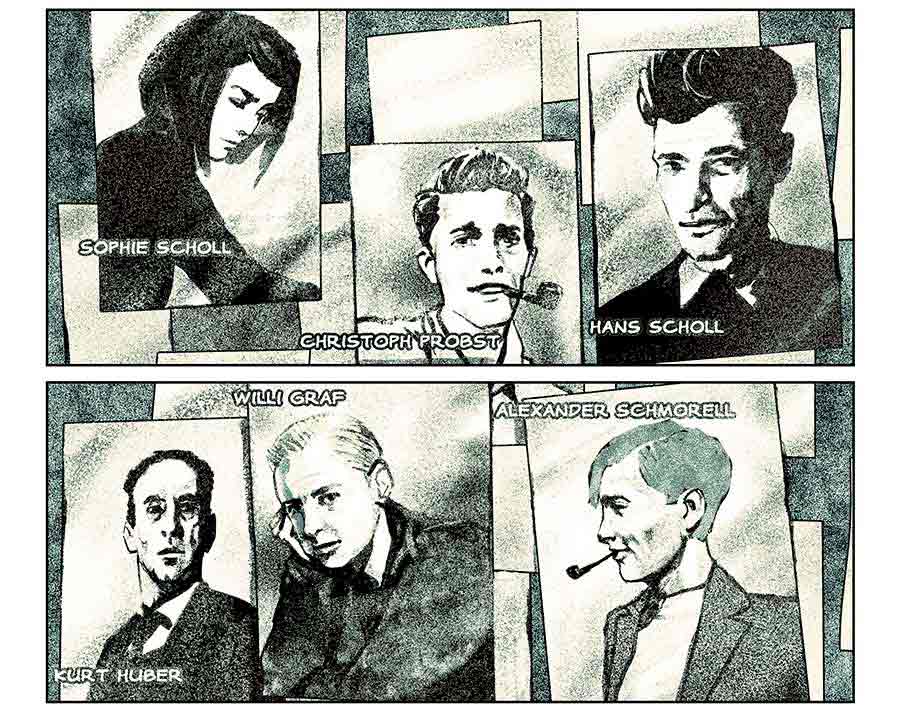 illustration of Sophie and Hans Scholl, Christoph Probst, Kurt Huber, Willi Graf, and Alexander Schmorell