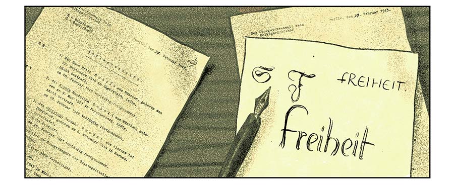 illustration of Sophie Scholls sketch of the word Freiheit