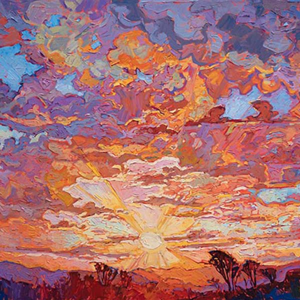 detail of a painting of a sunset in oranges, golds, and purples