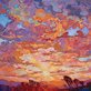 detail of a painting of a sunset in oranges, golds, and purples