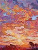 detail of a painting of a sunset in oranges, golds, and purples