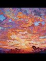 detail of a painting of a sunset in oranges, golds, and purples